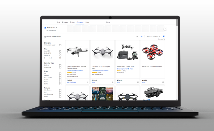 Drone search on Google Shopping free listing platform